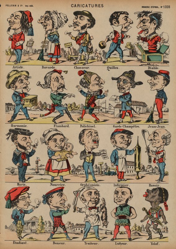 Karikatyyrit (värillinen kaiverrus) tekijältä French School