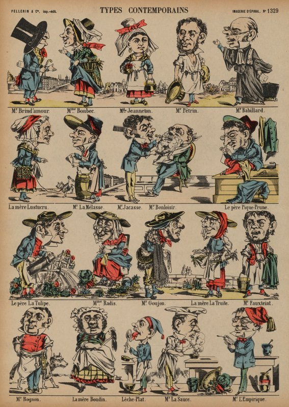 Karikatyyrit (värillinen kaiverrus) tekijältä French School