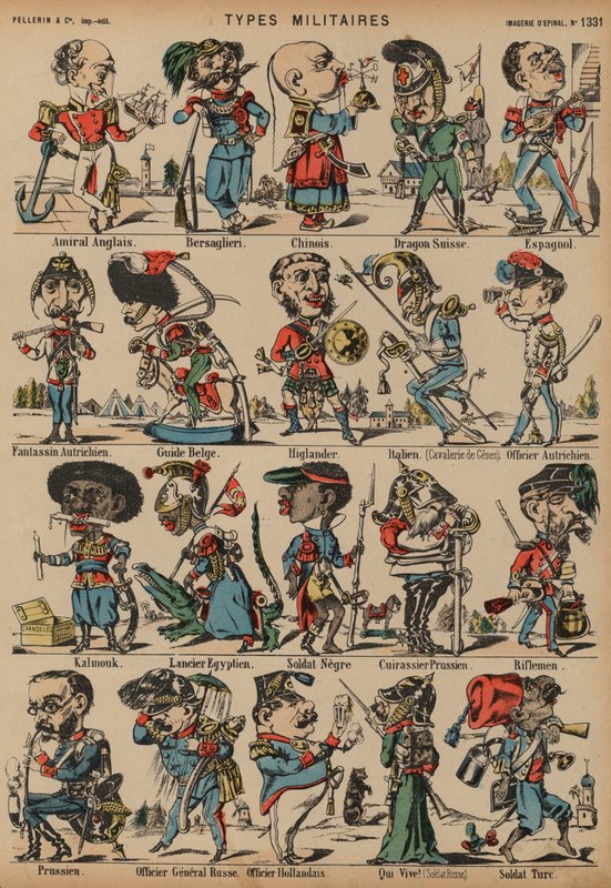 Karikatyyrit sotilashahmoista (värillinen kaiverrus) tekijältä French School