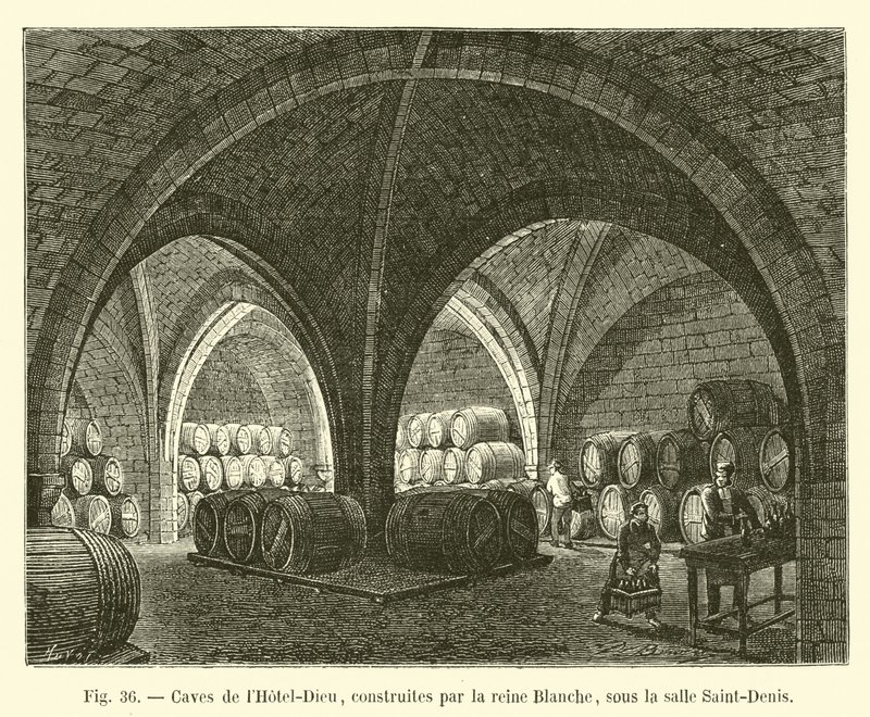 Queen Blanchen rakentaman Hôtel-Dieun kellarit Saint-Denis-huoneen alla tekijältä French School