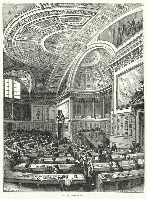 Chambre des Pairs, Ranskan parlamentin ylähuone vuodesta 1814 sen lakkauttamiseen vuoden 1848 vallankumouksen jälkeen (kaiverrus) tekijältä French School
