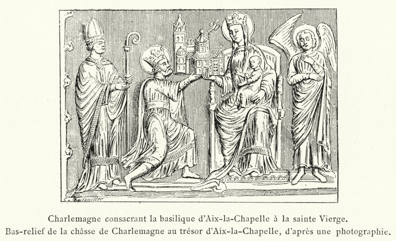 Kaarle pyhittää Aix-la-Chapellen basilikan Siunatulle Neitsyelle, Bareljefi Kaarle Suuren metsästämisestä Aix-la-Chapellen aarrekammioon (kaiverrus) tekijältä French School