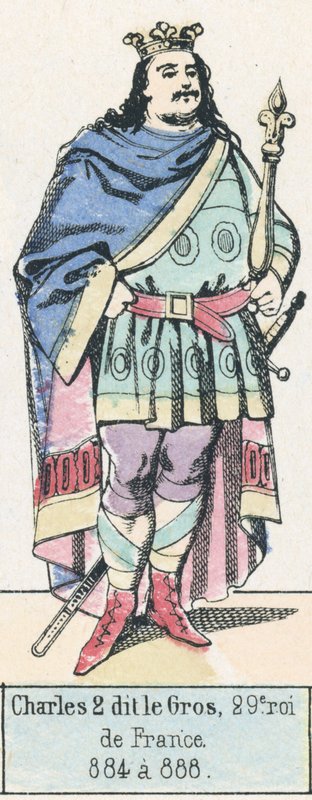Charles 2 dit le Gros, 29. Ranskan kuningas, 884-888 (värillinen kaiverrus) tekijältä French School