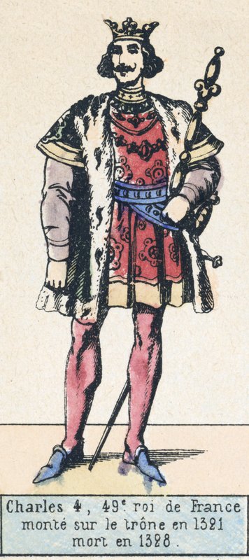 Kaarle 4, Ranskan 49. kuningas, nousi valtaistuimelle vuonna 1321, kuoli vuonna 1328 (värillinen kaiverrus) tekijältä French School