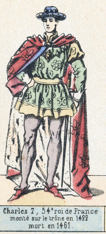 Kaarle 7, 54. Ranskan kuningas, nousi valtaistuimelle vuonna 1422, kuoli vuonna 1461 (värinen kaiverrus) tekijältä French School