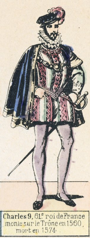 Kaarle 9, 61. Ranskan kuningas, nousi valtaistuimelle vuonna 1560, kuoli vuonna 1574 (värillinen kaiverrus) tekijältä French School