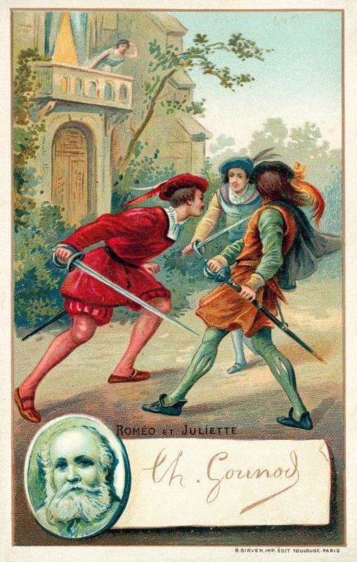 Charles Gounod, ranskalainen säveltäjä ja kohtaus hänen oopperastaan Romeo et Juliette (chromolitho) tekijältä French School