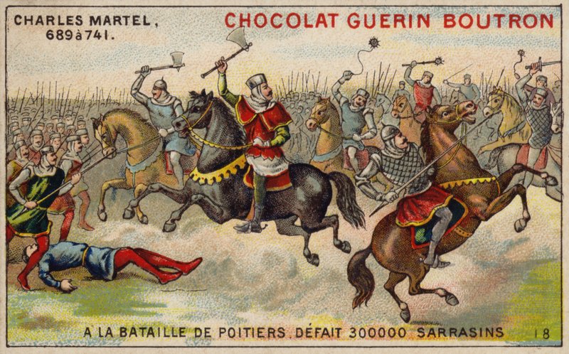 Charles Martel voitti 300 000 saraseenin armeijan Poitiersin taistelussa, 732 (chromolitho) tekijältä French School