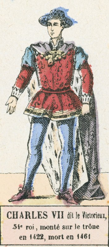 Kaarle VII kutsui Voittajaksi, 54. kuningas, nousi valtaistuimelle vuonna 1422, kuoli vuonna 1461 (värinen kaiverrus) tekijältä French School