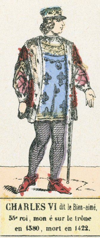 Kaarle VI kutsui rakastettua, 53. kuningas, nousi valtaistuimelle vuonna 1380, kuoli vuonna 1422 (värinen kaiverrus) tekijältä French School
