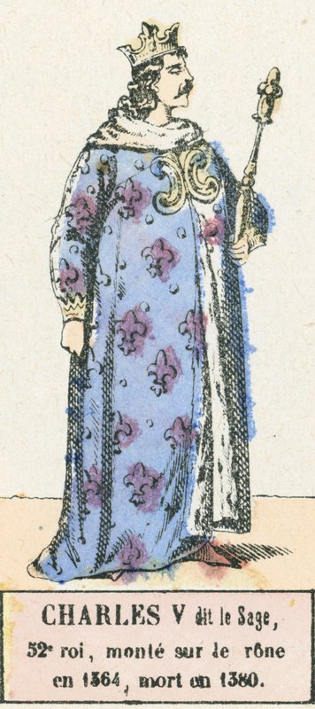 Charles V dit le Sage, 52. kuningas, nousi valtaistuimelle vuonna 1364, kuoli vuonna 1380 (värillinen kaiverrus) tekijältä French School