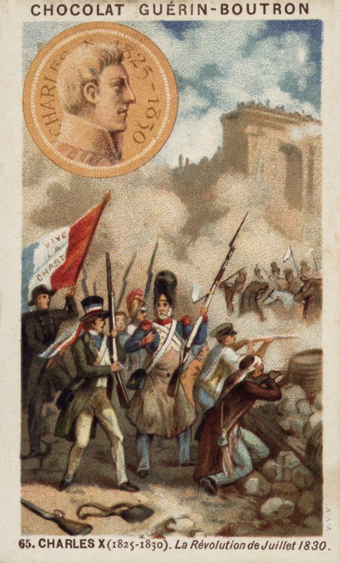 Kaarle X Ranskasta ja heinäkuun 1830 vallankumous (chromolitho) tekijältä French School