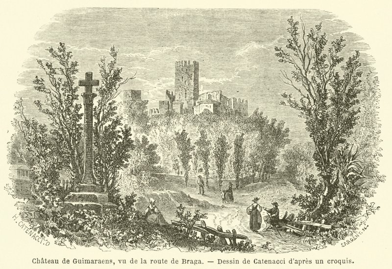 Chateau de Guimaraens Bragaan johtavalta tieltä katsottuna (kaiverrus) tekijältä French School