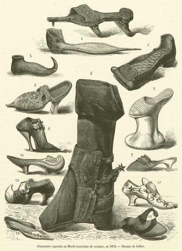 Kengät esillä Historiallisessa pukumuseossa vuonna 1874 (kaiverrus) tekijältä French School