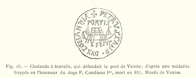Chelande tornilla, joka puolusti Venetsian satamaa; vuonna 887 kuolleen Doge P Candiano I:n kunniaksi lyötystä mitalista, Venetsian museo (kaiverrus) tekijältä French School