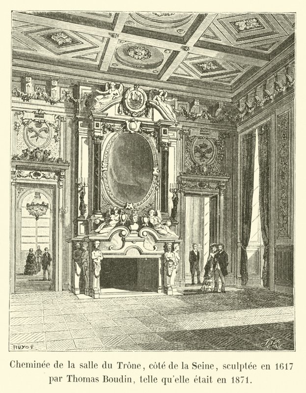 Takka valtaistuinsalissa, Seinen puolella, Thomas Boudinin vuonna 1617 veistämä, sellaisena kuin se oli vuonna 1871 tekijältä French School