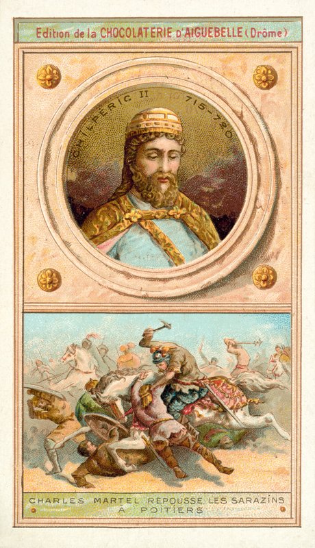 Chilperic II ja Charles Martel voittivat maurit Poitiersissa, 732 (chromolitho) tekijältä French School