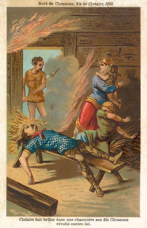 Chlothar I, frankkien kuningas, poltti kuoliaaksi kapinallisen poikansa Chramin ja hänen perheensä, 560 (chromolitho) tekijältä French School