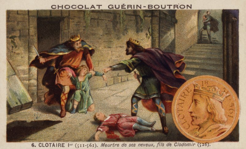 Chlothar I ja hänen veljenpoikiensa, kuningas Clodomirin poikien murha, 526 (chromolitho) tekijältä French School