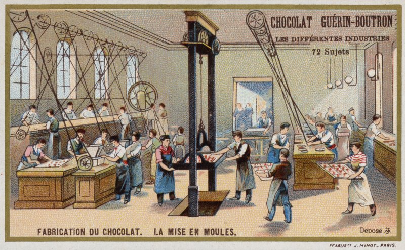 Suklaan valmistus. Suklaan laittaminen muotteihin (chromolitho) tekijältä French School