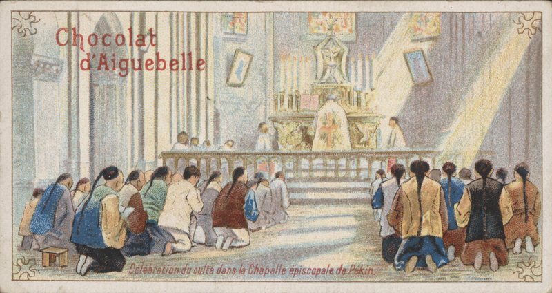 Kristittyjä rukoilemassa Pekingin piispan kappelissa (kromoliittikuva). tekijältä French School
