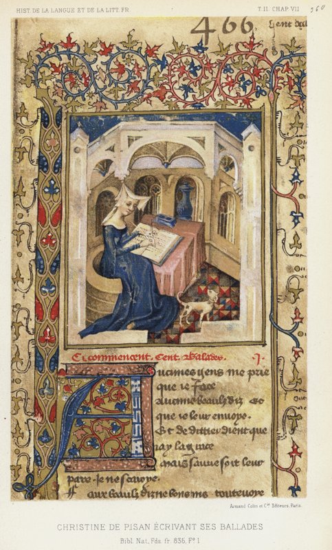 Christine De Pisan kirjoittamassa balladejaan (värilitografia) tekijältä French School