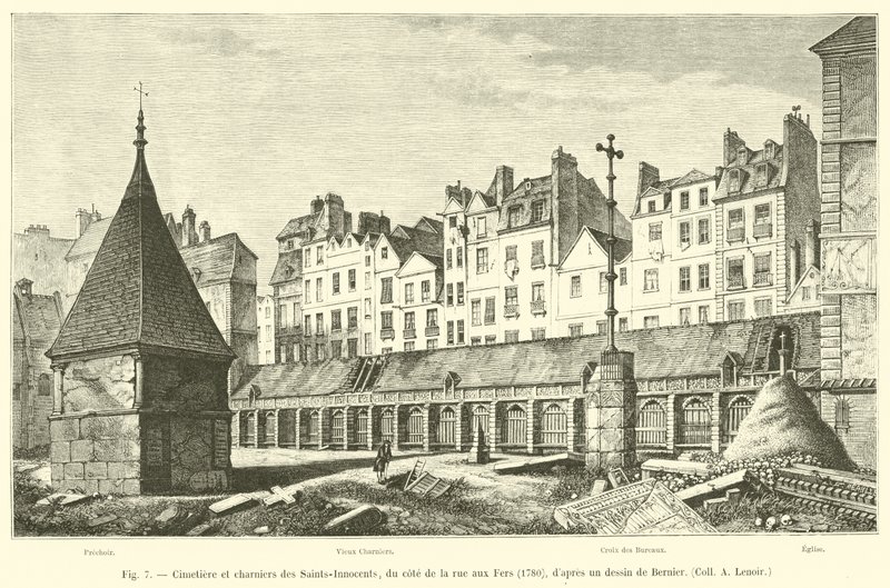 Viattomien pyhien hautausmaa ja joukkohaudat rue aux Fersin puolella, 1780, Bernierin, Coll A Lenoirin piirustuksen mukaan tekijältä French School