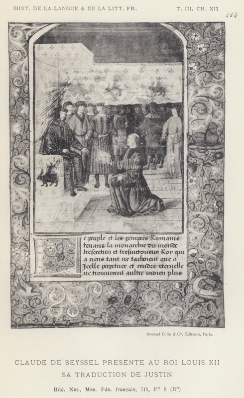 Claude De Seyssel esittelee kuningas Ludvig XII:lle Justinin käännöksen (litho) tekijältä French School