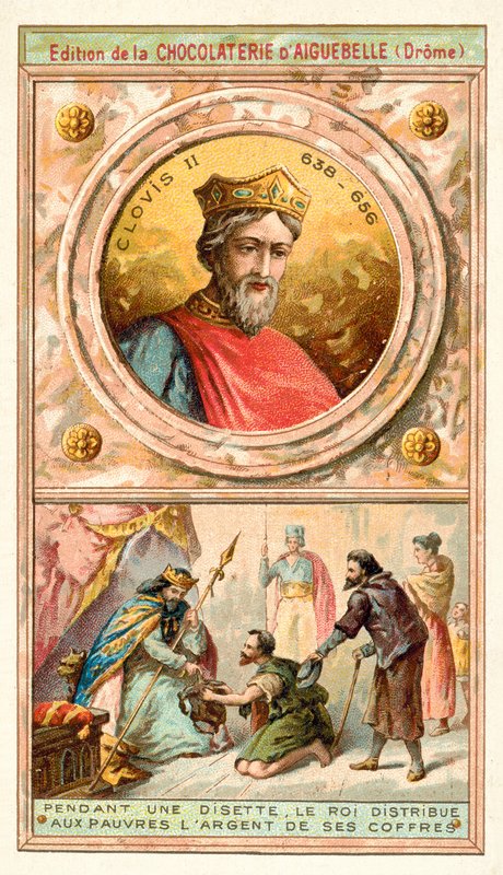 Clovis II jakaa rahaa kassaan köyhille vaikeina aikoina, 7. vuosisadalla (chromolitho) tekijältä French School