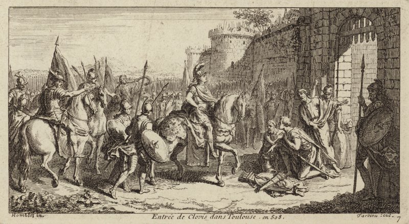 Clovis I, frankkien kuningas, saapumassa Toulouseen voitettuaan visigootit, 508 tekijältä French School