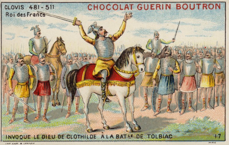 Clovis I kutsumassa Clotilden jumalaa Tolbiacin taistelussa, 496 (chromolitho) tekijältä French School