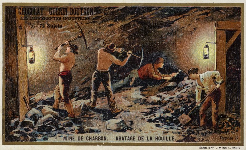 Hiilikaivos. Hiilen leikkaaminen hiilen pinnalla (chromolitho) tekijältä French School