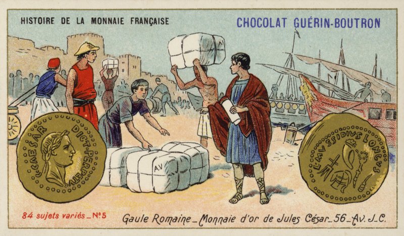 Julius Caesarin kolikot, Rooman Gallia, 56 eKr. (chromolitho) tekijältä French School