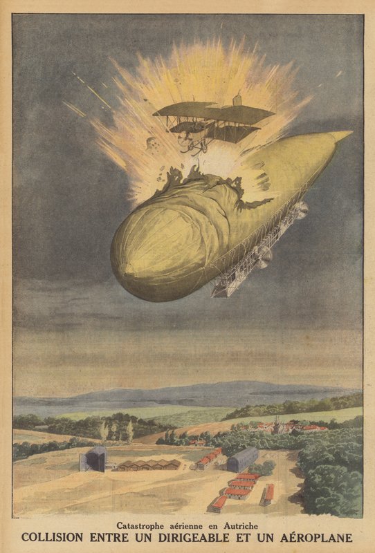 Ilmalaivan ja lentokoneen törmäys Itävallassa (väri litho) tekijältä French School