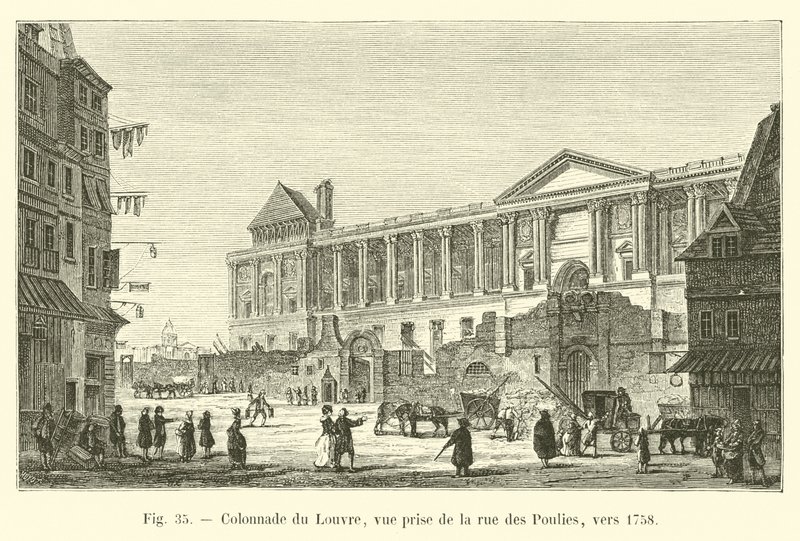 Louvren pylväikkö, näkymä rue des Poulies -kadulta, noin 1758 tekijältä French School