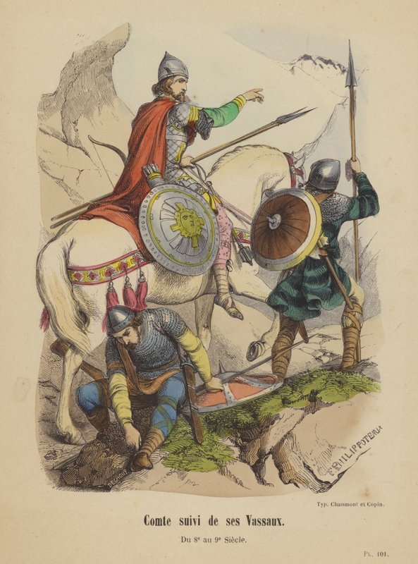 Kreivi, jota seuraavat hänen vasallinsa, 800-900-luvulta (värikaiverrus) tekijältä French School