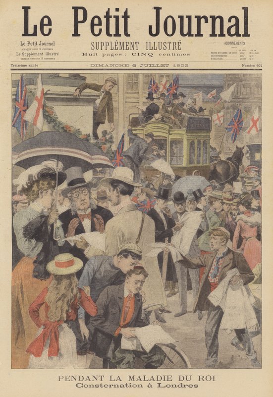 Kuningas Edward VII:n sairauden aiheuttama huoli Lontoossa (värilitografia). tekijältä French School