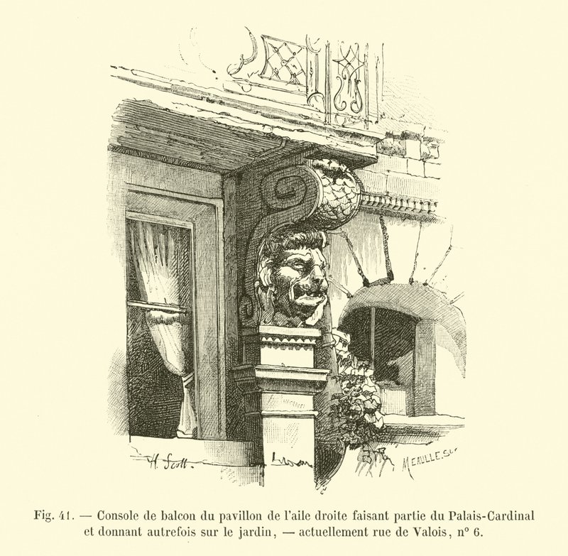 Oikeassa siivessä sijaitsevan paviljongin parvekekonsoli, osa Palais-Cardinalia ja josta on aiemmin näkymä puutarhaan, nykyään rue de Valois, nro 6 tekijältä French School