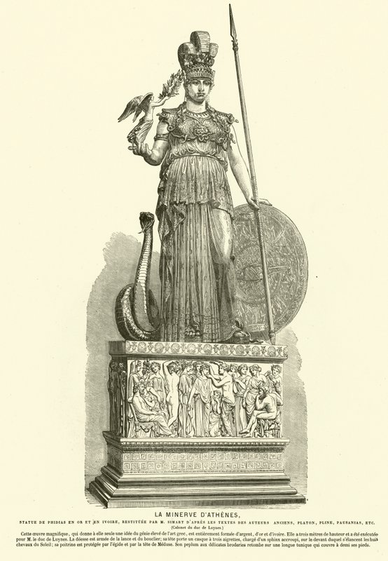Kopio Athena Parthenoksesta, muinaisen kreikkalaisen kuvanveistäjä Phidiaan monumentaalisesta patsaasta (kaiverrus) tekijältä French School