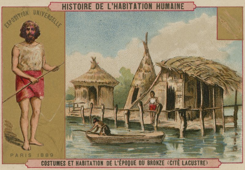 Pronssikauden puku- ja järviasunnot (chromolitho) tekijältä French School