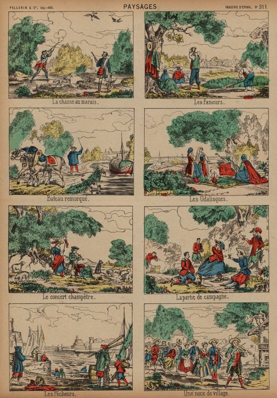 Maaseutumaisemat (värillinen kaiverrus) tekijältä French School