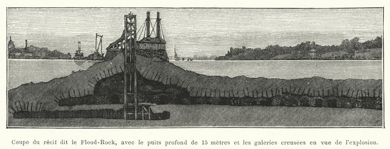 Flood-Rock-niminen riutta, jossa on 15 metriä syvä kaivo ja räjähdystä varten kaivetut galleriat (kaiverrus) tekijältä French School