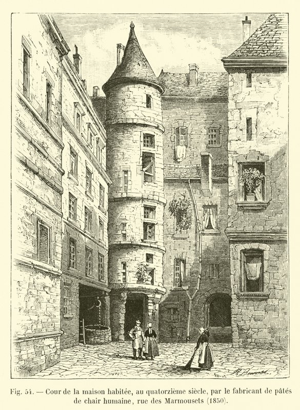 Talon sisäpiha, jossa ihmislihapastan valmistaja asui 1400-luvulla, rue des Marmousets, 1850 tekijältä French School