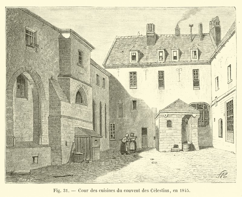 Celestinsin luostarin keittiöpiha vuonna 1845 tekijältä French School
