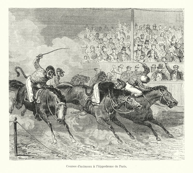 Eläinkilpa Pariisin hippodromilla (kaiverrus) tekijältä French School