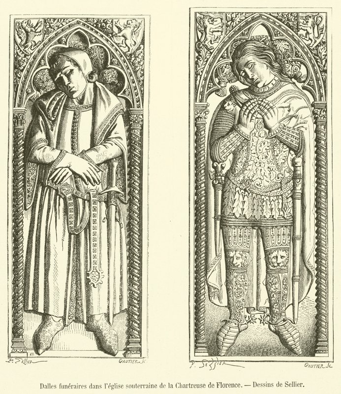 Hautauslaatat Firenzen Charterhousen maanalaisessa kirkossa (kaiverrus) tekijältä French School