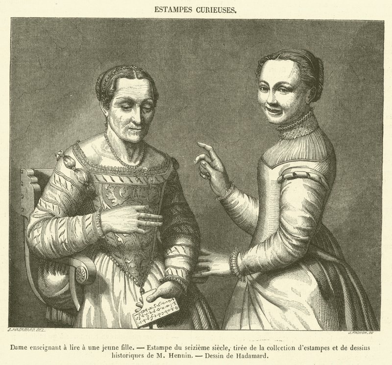 Lady opettaa nuorta tyttöä lukemaan, painatus 1500-luvulta (kaiverrus) tekijältä French School