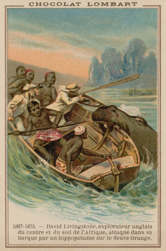 Virhehevon kimppuun hyökkäsi David Livingstonesin vene Orange Riverillä, Afrikassa, 1867-1873 tekijältä French School