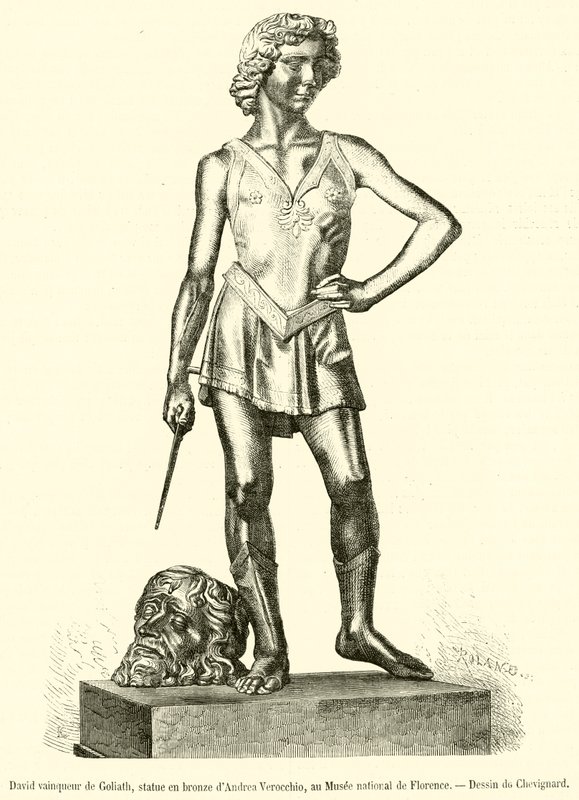 David valloittaa Goljatin, Andrea Verocchion pronssinen patsas Firenzen kansallismuseossa (kaiverrus) tekijältä French School