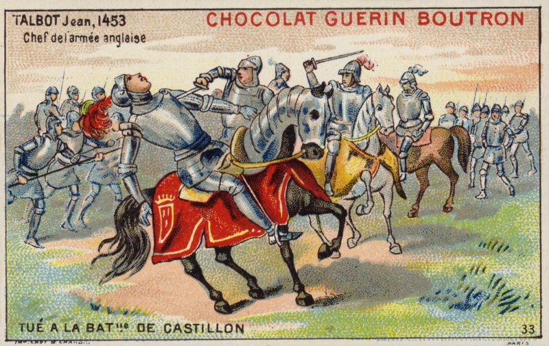 John Talbotin kuolema Castillonin taistelussa (chromolitho) tekijältä French School